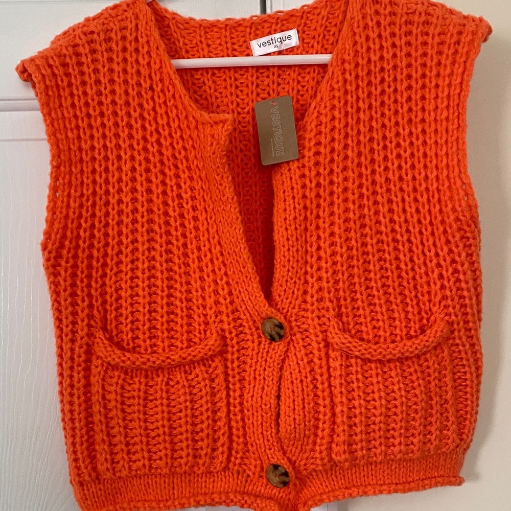 Vestique Orange Knit Vest with Pockets